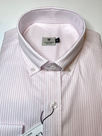 Camisa Oxford Blanca Rayas Rosas Desgastado Logo Azul Celeste