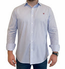 Camisa Blanca Rayas Azules Popelín Logo Rojo