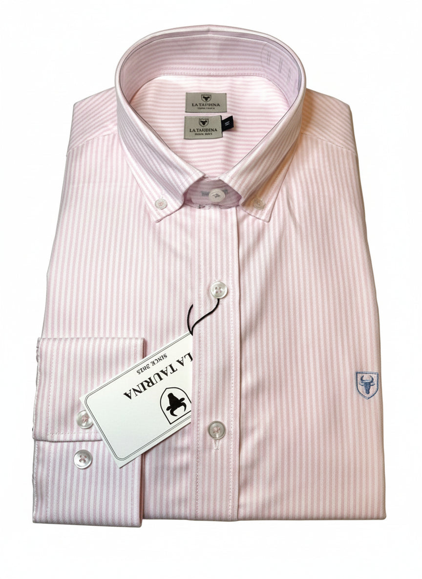 Camisa Oxford Blanca Rayas Rosas Desgastado Logo Azul Celeste