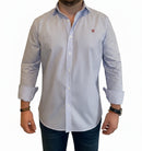 Camisa Blanca Rayas Azules Popelín Logo Rojo