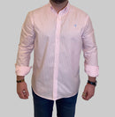 Camisa Oxford Blanca Rayas Rosas Desgastado Logo Azul Celeste