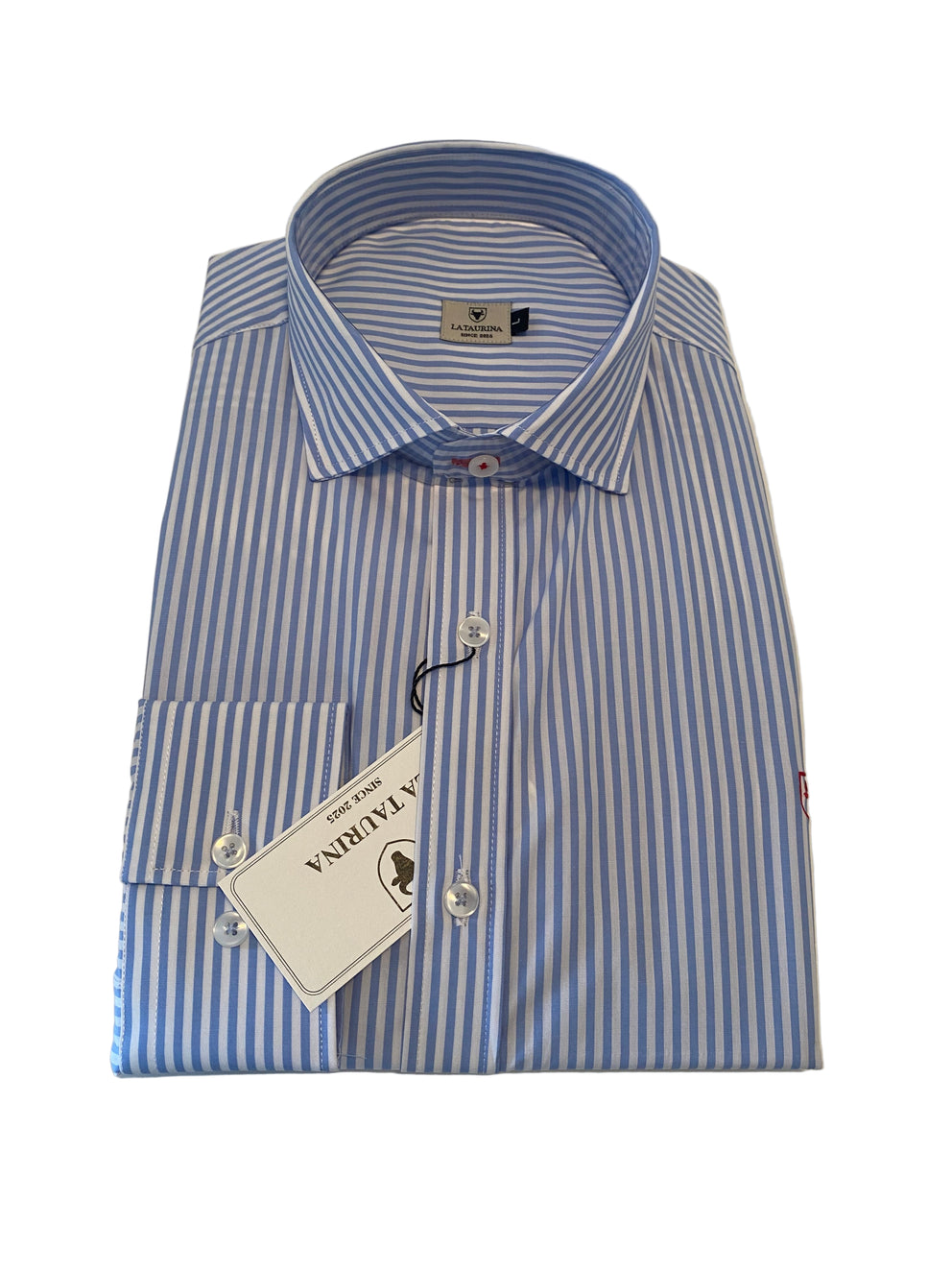 Camisa Blanca Rayas Azules Popelín Logo Rojo