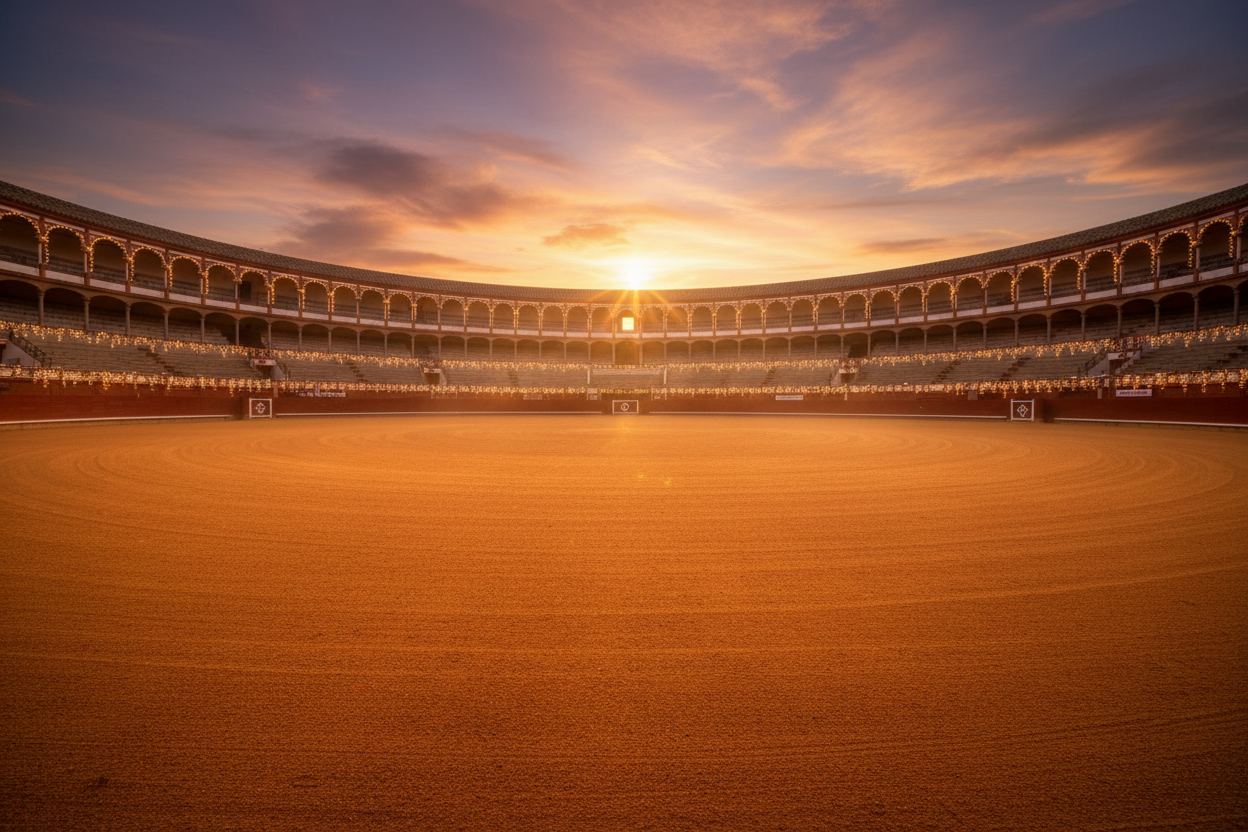 crea una plaza de toros , atardecer , albero y lucecitas