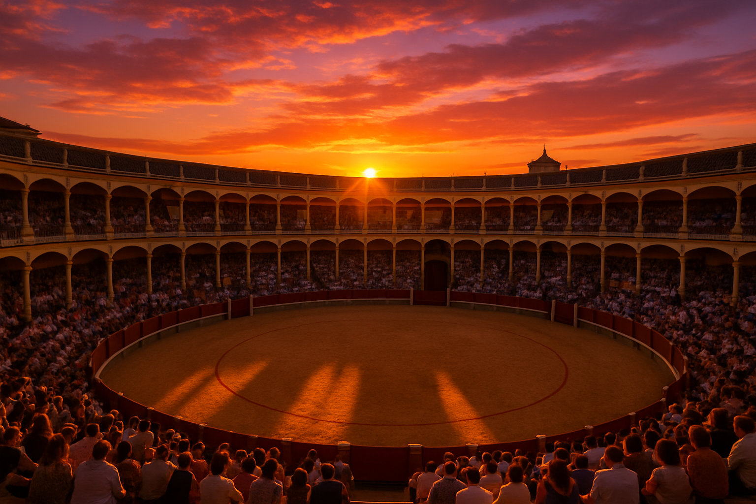 crea una plaza de toros en pleno atardecer 