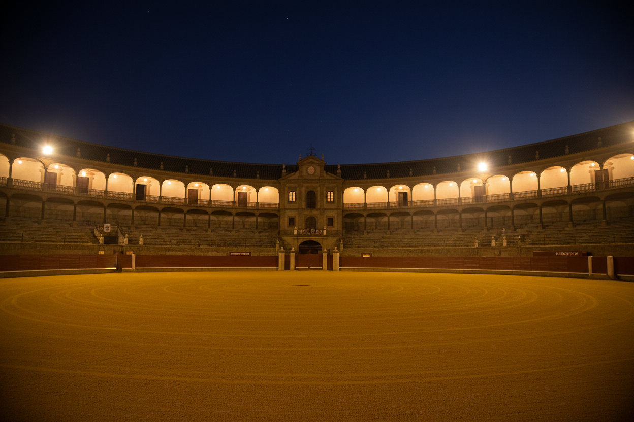 plaza de toros de noche con luces tenues imagen realista hd 4k